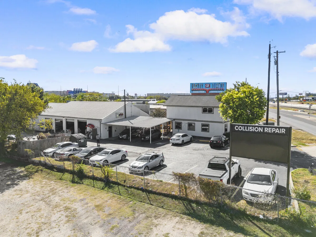 G&G AutoBody shop exterior and parking area from above